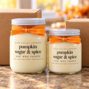 Pumpkin Sugar & Spice soy candles in 16 oz and 8 oz jars, Rich Valley Candles