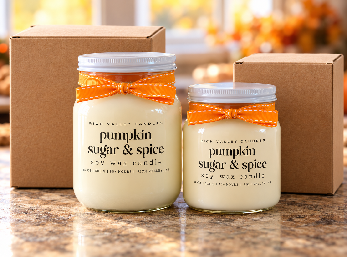 Pumpkin Sugar & Spice soy candles in 16 oz and 8 oz jars, Rich Valley Candles